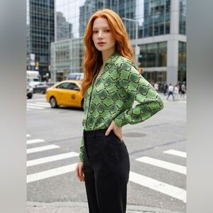 NEVER FULLY DRESSED Sz6 Green Fan Print Long Sleeve Blouse 70’s Vintage Vibe
